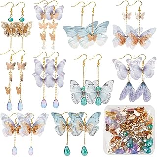 SUNNYCLUE 1 Box DIY Make 8 Pairs Butterfly Wings Earring Making Kit Including Wings Charms Dragonfly Fabric Wing Pendants Glass Beads Earring Findings for Women Earring Jewellery Making Adults