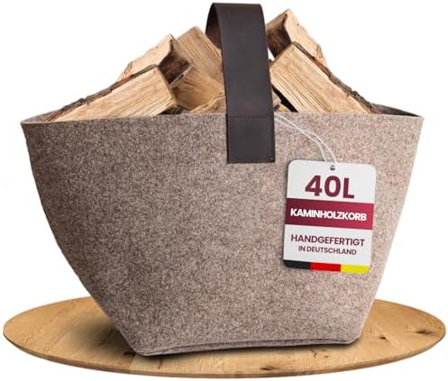 Designer Kaminholzkorb Filz [40L] - Made in Germany Holzkorb für Kaminholz aus Wollfilz mit Echtlederhenkel - Feuerholzkorb standfest und stabil (Beige - 40L)