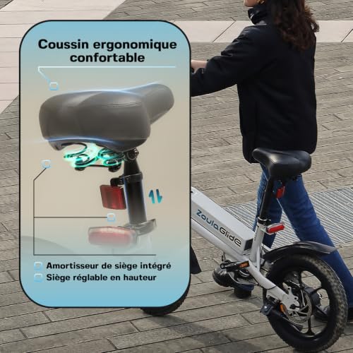 ZoulaGlide Vélo Électrique Pliable, Pneus 16x3.0, Batterie Amovible, Gris - 7