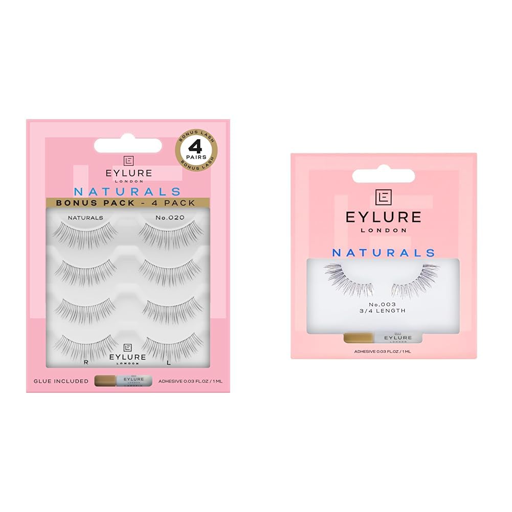 Naturals No. 020 & No. 003 Reusable Eyelashes Bundle with Adhesive, 5 Pairs Total