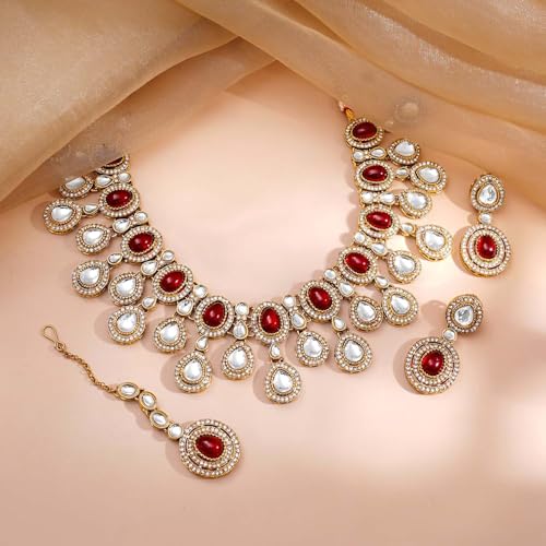 Image of Rubans Necklace Maangtikka Set Gold Plated Kundan & Pearl Jewellery Gift for Women & Girls