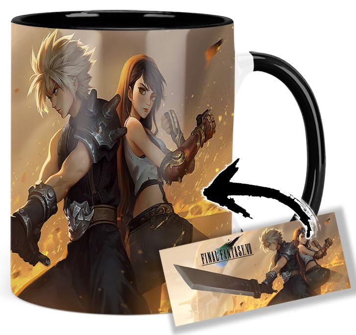 Final Fantasy VII Cloud Strife Tifa Lockhart Tasse Ceramique Intérieure et Poignée Noire Mug