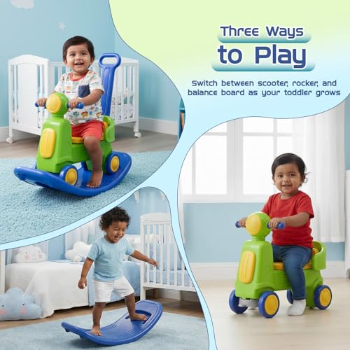 Image of Amazon Brand - Jam & Honey 3-in-1 Toddler Ride-On Scooter & Rocker with Parental Handle | 18+ Months | Detachable Balance Board | Wide Stable Wheels | BIS Certified | Green & Blue