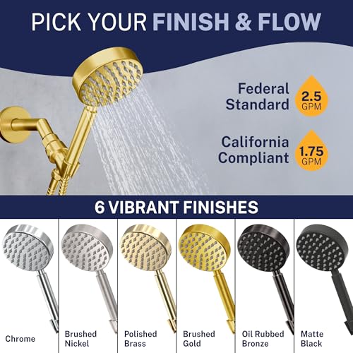 Image of HammerHead Showers Solid Metal Handheld Shower Head with Hose and Brass Holder - CHROME - 2.5 GPM High Pressure Shower Heads with Adjustable Shower Wand Bracket (Brushed Gold, 2.5 GPM)