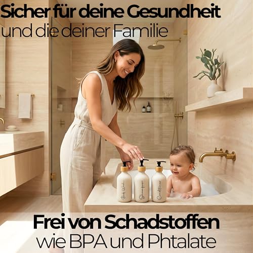 FCINNOVA Seifenspender für Badezimmer Beige Matt 500 ml 3er Set für Gel und Shampoo, Einfülltrichter, dieser Seifenspender ist elegant und hält Ihre Dusche gut