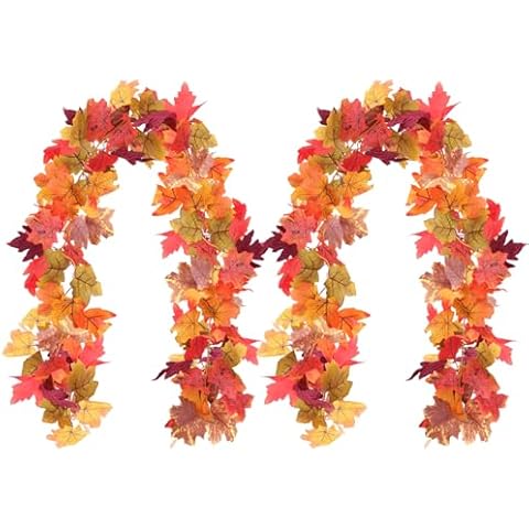 NKMSAGE Fall Garland, 2 Pack Maple Leaf Fall Decorations for Home, Halloween Decor Garland for Front Door Mantle Stairs Fireplace, Autumn Fall Leaves Garland for Indoor Outdoor Decor Thanksgiving Cover