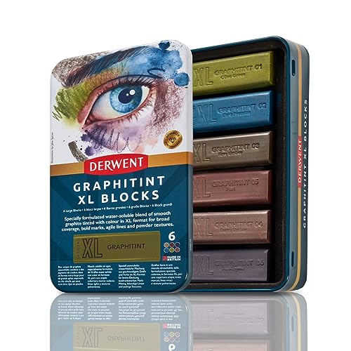 Derwent Graphitint XL Blocks 6 Tin, Set of 6, 60mm Extra-Large Block, Water-soluble, Ideal for Sketching, Drawing and Expressive Mark Making, Professional Quality, 2306175