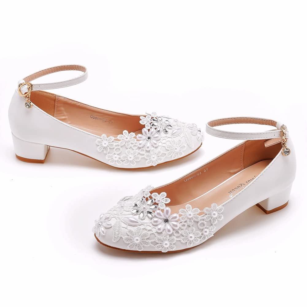 Cylele Mgg Damen Brautschuhe 3 cm High Heel Sandalen Brautjungfer Hochzeit Ein Wort Schnalle Spitzen Perlen Stöckchen High Heels