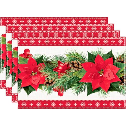 4pcs Mantel Individual Navideño Rojo, Salvamanteles Individual Navidad Cártamo con Estampado de Campanas de Árbol de Navidad Flor Roja, Decoración Mesa Navideña para Fiesta Navidad Invierno(45x30 cm)