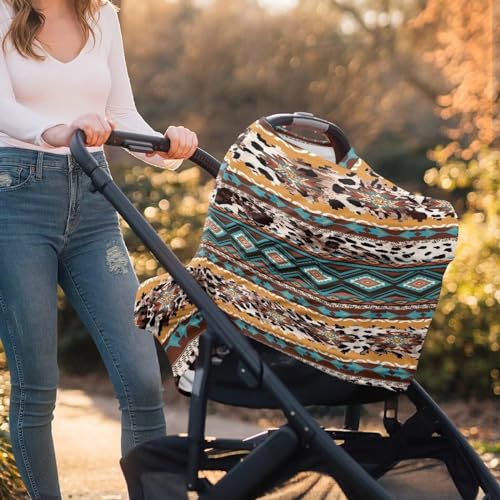 Image of Binienty Aztec Western Geometric Baby Car Sear Cover Canopies, Leopard Print Stroller Protector Cover,High Chair /Shopping Cart /Breastfeeding Cover