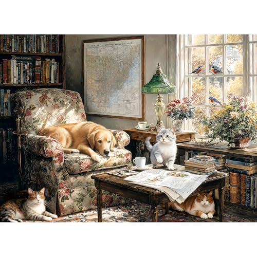 ZHISEOYI 500 Piece Puzzle for Adults – Cats and Dog on Floral Sofa with Birds Jigsaw Puzzle,...