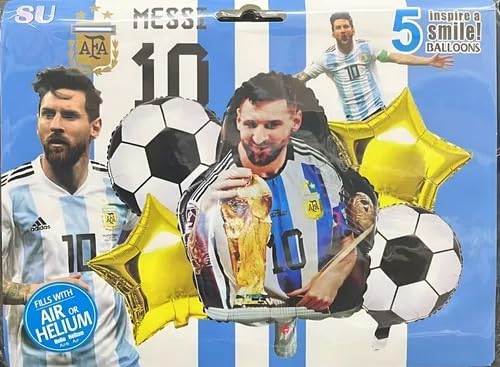 Image of Atpata Funky Messi Theme 5 Pcs Foil Balloons Set with Football & Star Shapes | Lionel Messi Fans Birthday Party Decoration | Soccer Theme Balloon Decor for Kids Adults Celebrations