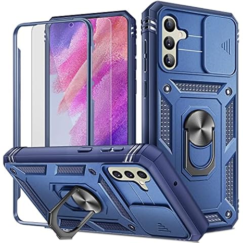 Samsung Galaxy S21 FE 5G Case with Tempered Glass Screen Protector, Ring Holder Military Grade Protective Case Cover Silicone Shockproof Tough Armor Hard Mobile Phone Cover for Samsung S21FE Blue Cover