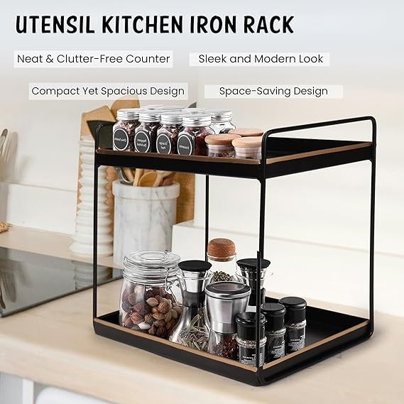 Image of Niyara Iron Metal Heavy Duty Stand 2-Tier multistorage /Multipurpose Standing Rack, Bathroom Countertop Storage Shelf Cosmetic Organizer Holder Kitchen Spice Rack, (Square Black with Gold)