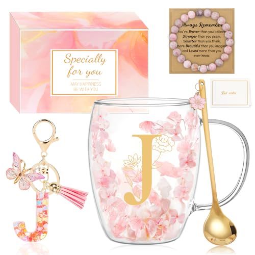 Image of MOTONG Birthday Gifts for Women Glass Coffee Mug, Double Wall Espresso Tea Cups with Letter J Printing, Personalised Gifts for Women Ladies Christmas Valentine's Day Mother's Day with Spoon Bracelet