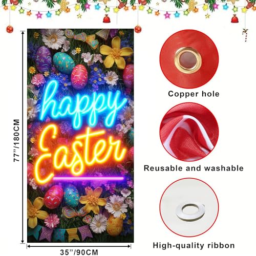 Image of Happy Easter Door Cover Neon Signs Style Bunny Eggs Banner Spring Front Door Decorations Home Party Outdoor Decor 35.4x71 Inch