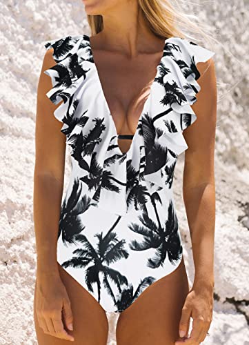 Image of Binlowis V Neck Ruffle One Piece Swimsuit Ladies Floral Print Sexy Belt Bathing Suit Tie Swimwear