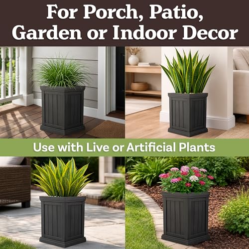 Outdoor Planter Box - 13.7” Square 19” Tall Plastic Plant Pot with Drainage Holes - Flower Pots for Plants - Outdoor Planters for Front Porch Decor, Patio, Garden, or Entryway by Pure Garden (Gray) by Pure Garden - Used condition - Image 4