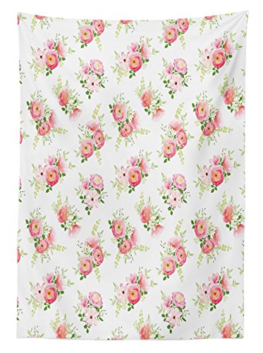 Lunarable Shabby Flora Tablecloth, Rose Ranunculus Magnolia And Peony Romantic Bouquet Spring Flowers, Dining Room Kitchen Rectangular Table Cover, 60" X 84", Pink Fern #TOP1