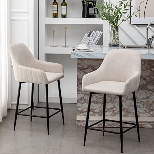 Btexpert Set Of 2 Premium Upholstered Dining 25" High Back Stool Bar Chairs, Beige Fabric Barstools #TOP6