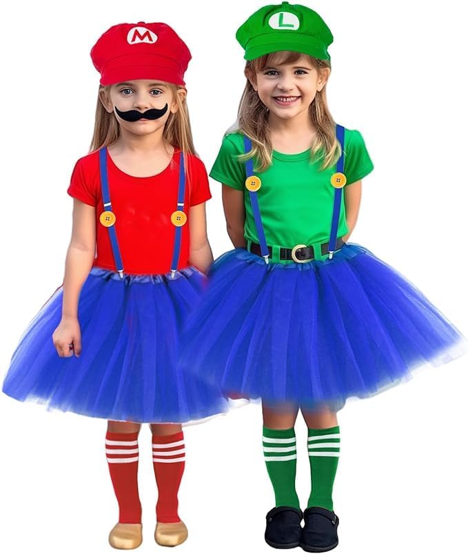Miniatura 8 de Disfraz de Mary y Luigi para adultos, niños, sombreros rojos y verdes de Super Bros, bigote, guantes, calcetines, vestido azul, accesorios de