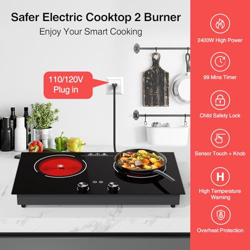 Image of Electric Cooktop 2 Burner, GTKZW 24 inch Electric Stove, 2400W Hot Plate Double Burner, Knob Control Countertop & Built-in, 9 Power Levels, Child Lock, Timer, Suitable for All Pans