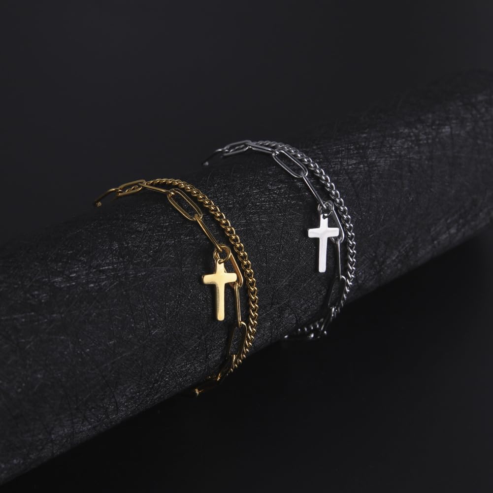 Bracciali, Bracciale con Pendente a Croce alla Moda a Doppio Strato - Cristiano Religioso Regolabile(Silver)
