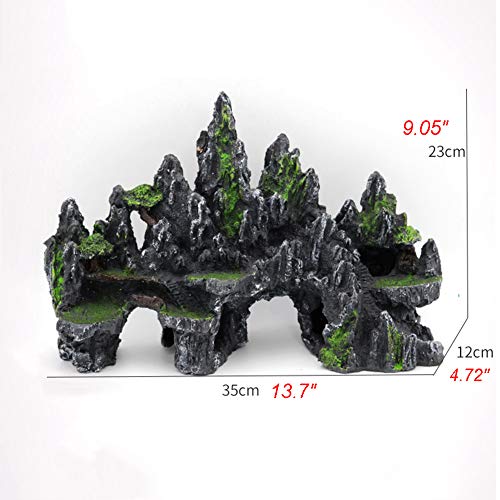 Image of PakyKai Large Fish Tank Decorations, Mountain View Aquarium Ornament with Tree House Cave Bridge Artificial Plastic Plants Aquarium Decorations