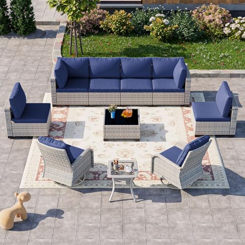 Image of 10-Piece Modern Patio Furniture Set with Swivel Chairs, Thick Cushions, Dual-Strand Wicker Rattan, Rust-Resistant Frame, Navy Blue