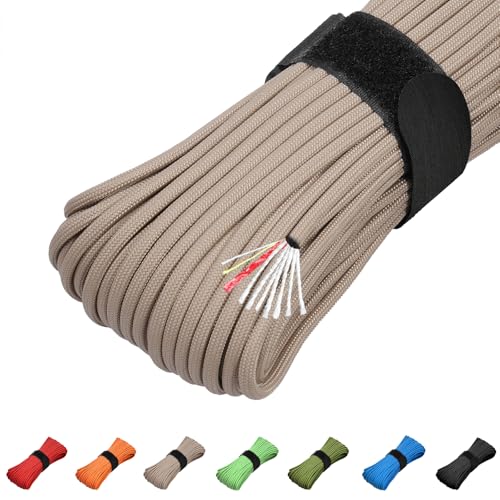 Survival Paracord 550 Fire Paracord Survivor Cord Nlyon Rope 10 Strands US Military Type III 550 Tactical Paracord Parachute Cord with Integrated Fishing Line, Fire-Starter Tinder 4 in 1(Khaki)