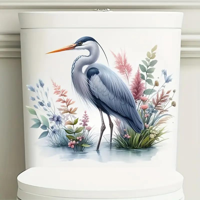 Crane Toilet Cover Sticker Decals,Fish Bird Flower Leaf Waterproof Toilet Lid Tank Seat Decals Cistern Self-Adhesive Bathroom Wall Sticker