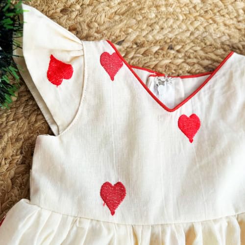 Image of Stanwells Kids Dress for Girls Heart Embroidery Pattern Knee Length Applique Kerala Ethnic Cotton Frock for Baby Girls Zipper Cap Sleeve Dress for Girls Cream & Red (6 Months - 7 Years)