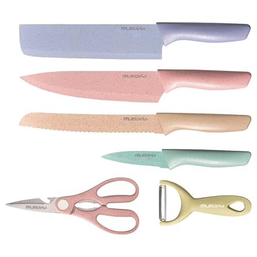 Conjunto Jogo Faca Colorida 6 Peças Inox Kit Culinário Faqueiro Cozinha Carne Legume Churrasco Fruta