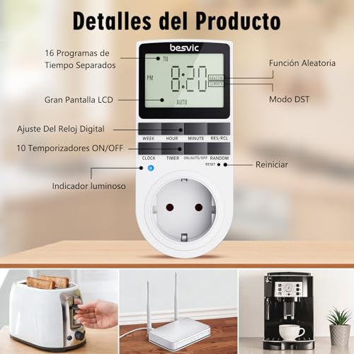 Miniatura 3 de Temporizador Enchufe Digital, Besvic Programador Enchufe 3680w Con Pantalla Lcd Grande, 10 Programas Diarios Y Modo Antirrobo, Enchufe Programable Ahorro Tiempo Y Energía 1 Pack