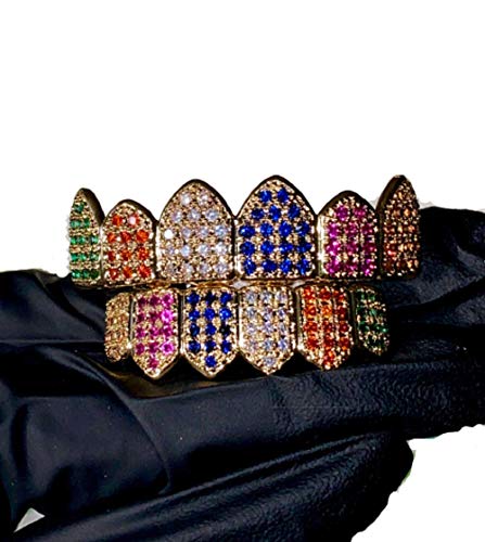 14k Joker Gold Rainbow Grillz for Mouth Top Bottom Hip Hop Teeth Grills for Mouth Grillz for Mouth Top Bottom Hip Hop 8 Teeth Grills for Teeth Mouth Set - Teeth Cap, Iced Grillz (Top & Bottom Set)