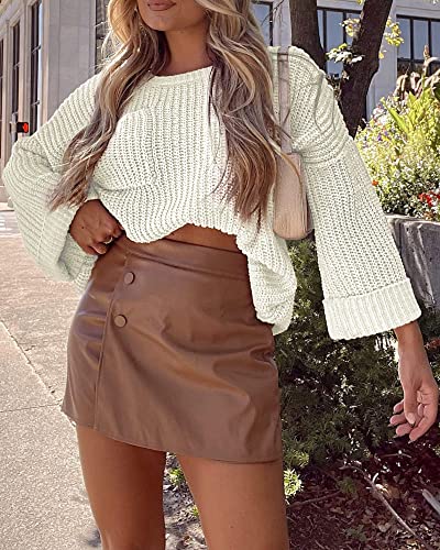 Kirundo 2023 Women's Fall Winter Long Sleeve Crew Neck Cropped Oversized Sweaters Loose Soft Knitted Pullover With Pocket(White, Large) #TOP1