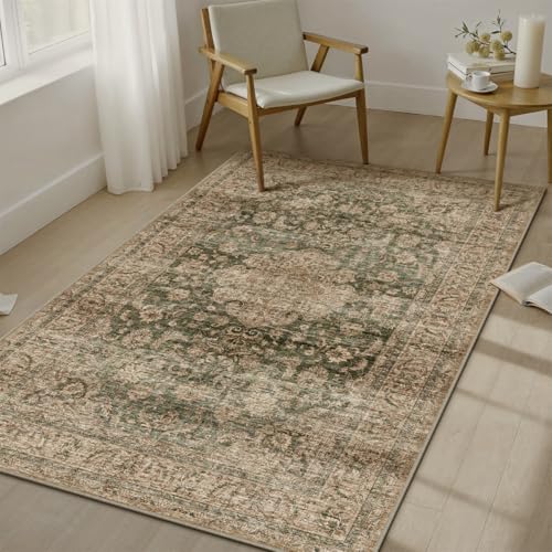 4x6 Washable Green Vintage Area Rug for Entryway Non-Slip Low Pile Traditional Carpet Retro Distressed Soft Thin Accent Throw Rug for Office Kitchen Bathroom Door Mat Indoor Dining Room