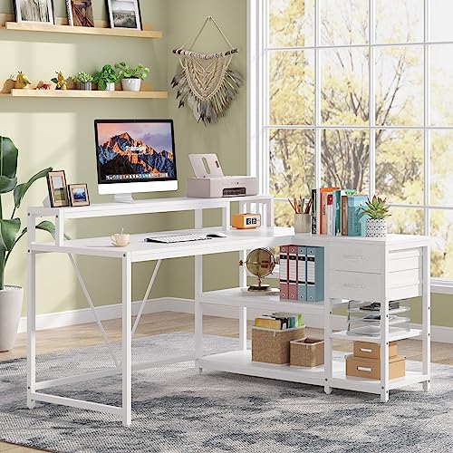 Image of Tribesigns 55-inches Reversible L Shaped Desk with Drawer, Modern White L Corner Desk Home Office Table with Storage Shelves and Monitor Stand, Wooden and Metal PC Desk for Small Space
