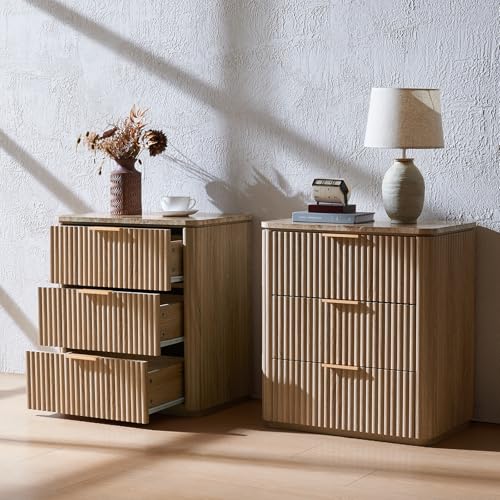 Fluted Night Stand, 23"W Nightstand with 3 Drawers, Wood Bed Side Table with Faux Marble-Top, Curved Profile Design, Metal Handle, Modern Bedside Table for Bedroom, Living Room End Table, Natural Oak by DelArk - Image 7