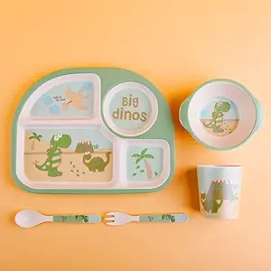 GION Divided Plate for Baby Feeding with Bowl Cup Fork & Spoon Baby/Toddler/Kids Meal Set to Feed Themselves Dish Washer Safe Food Grade Resin & Bamboo Fiber Toddler Plate (1 Set) (Square)