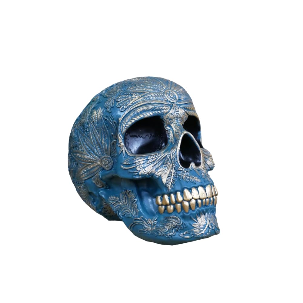 Gifts Direct 2 U Blue & Gold Skull Patterned Ornament Resin Unique Gothic Craft Head Figurine Home Decor