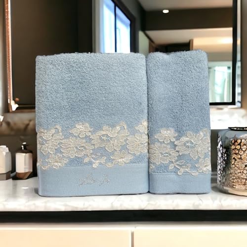 LIU . JO MILANO Coppia di Asciugamani Viso e Ospite in scatola in Spugna di puro cotone con pizzo Art. Spina (Zucchero)