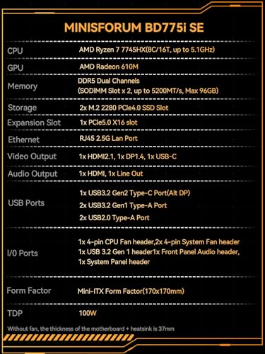 Image of MINISFORUM Motherboard BD775i SE Mini ITX NAS Motherboard, AMD Ryzen 7 7745HX,8 C /16 T,PCIe 5.0 x16 Slot, Dual PCIe4.0 M.2 Support, DDR5,8K Triple Output(HDMI /DP /USB-C), RJ45 2.5G, USB 3.2