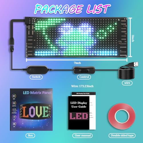 Image of FAHKNS Programmable LED Sign Matrix Panel, Flexible Bright Advertising Scrolling LED Sign, Bluetooth App Control LED Sign for Car Shop Store Advertising Party Bar, 7''x3''