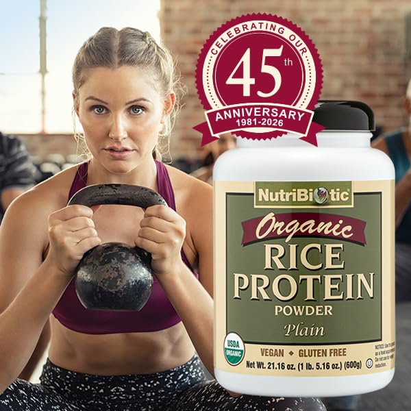 Image of NutriBiotic Certified Organic Plain Rice Protein, 21 Ounce | Low Carbohydrate Vegan Protein Powder | Raw, Certified Kosher & Keto Friendly | Made Without Chemicals, GMOs & Gluten | Easy to Digest