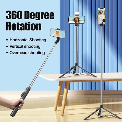 Image of 68-Inch Extra-Long Selfie Stick Tripod with Wireless Bluetooth Remote, 360 Rotation, Reinforced Stand, Extendable Phone Holder for iPhone 13 /14 /15 /16 Pro, Samsung, GoPro, Vlogging & YouTube