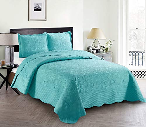 Home Collection 3 Piece Over Size Embossed Solid Color Coverlet Bedspread New # Veronica (Aqua Blue, King/California King)