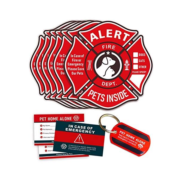 Pet Alert Stickers Static Cling Window Decals Emergency Pets Rescue Sign (6 Pack) with Bonus: Pet Home Alone Wallet Card & Key Tag - NO Adhesive, Removable, UV Resistant