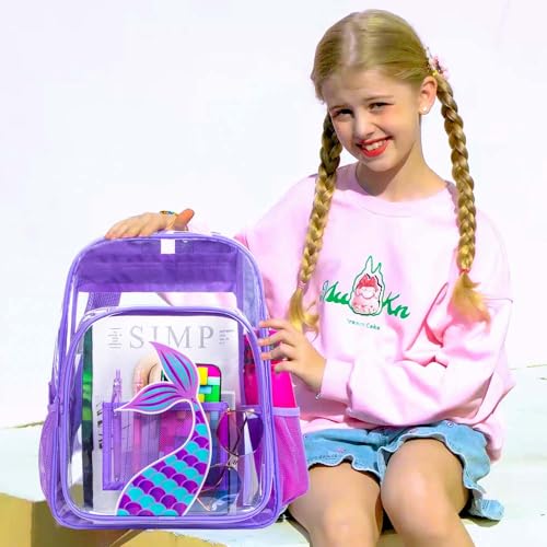 Image of AGSDON 3PCS Clear Backpack for Girls, Kids Mermaid Transparent Bookbag Heavy Duty, Cute See Through Backpacks with Lunch Bag - Purple