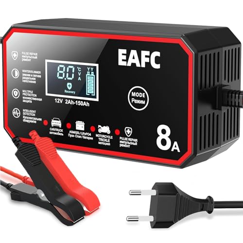EAFC 8A 12V Auto Batterie Ladegerät Puls Erhaltungsladegerät Autobatterie Ladegerät Mit Temperaturkompensation LCD-Bildschirm Reparaturmodus für KFZ Moto AGM Gel EFB Blei Säure LiFePO4 Batterie